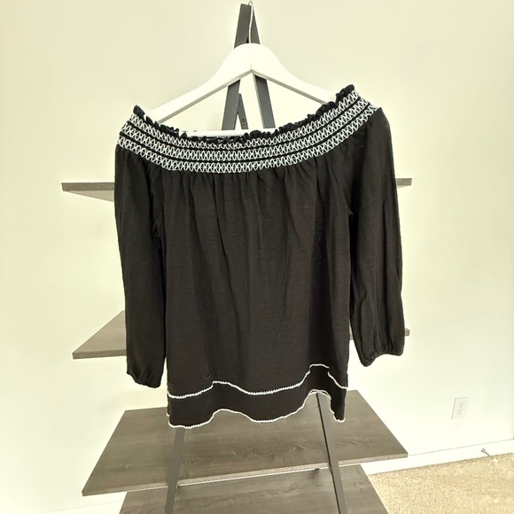 White House Black Market Tops - White House Black Market Black Off-Shoulder Blouse with White Embroidery Size M